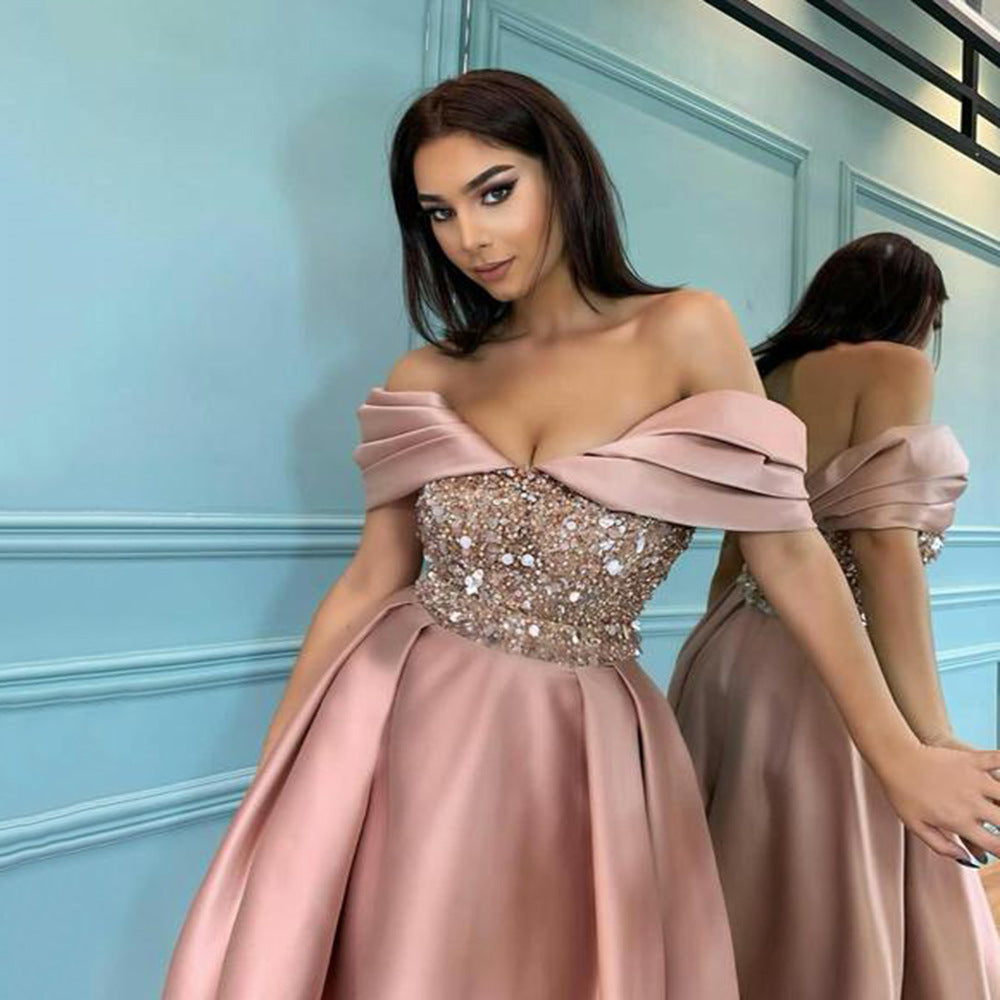 A Spring simple and atmospheric long and thin sequins off-the-shoulder banquet evening dress dress