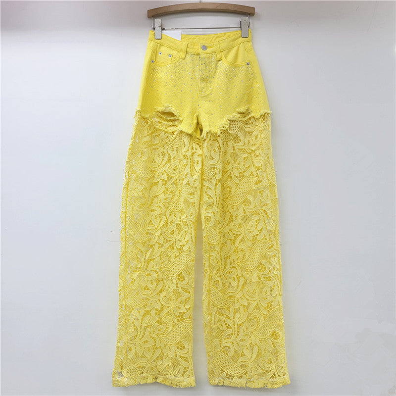 A Pink Lace Splicing Heavy Industry Hot Diamond Wide Leg Pants Women