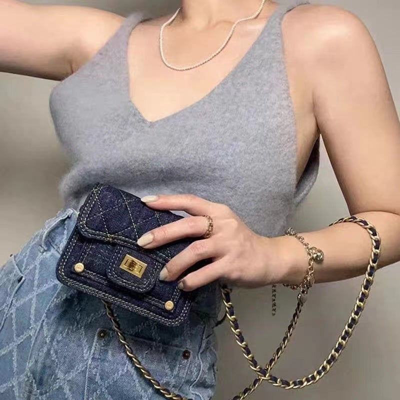 A new casual washed denim mini earphone bag chain decorative messenger bag lipstick bag female tide - Mixbatch