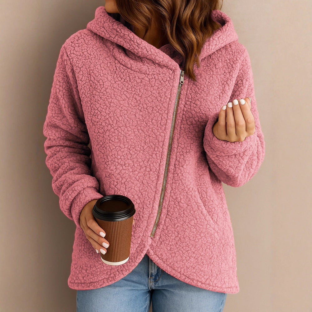 A long-sleeved zip-up hooded jacket