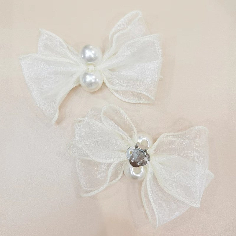 A mesh pearl bow women's shoes flower decoration rhinestone shoe buckle ribbon accessories buckle Shoe accessories - Mixbatch