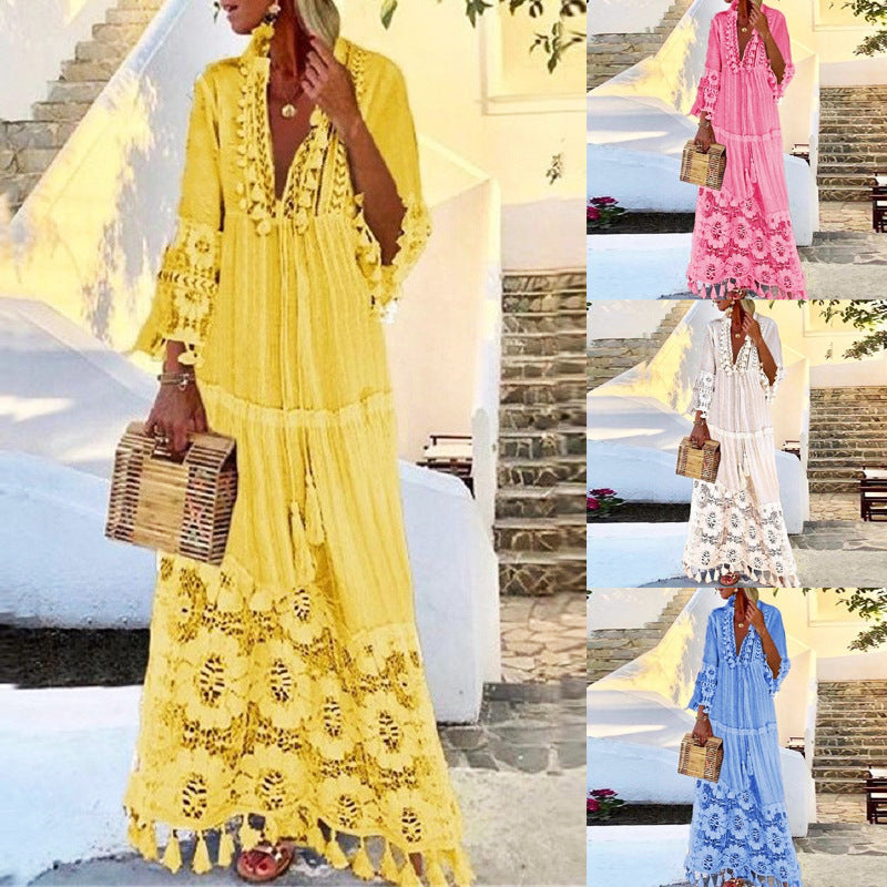 A European and American autumn and winter women's clothing lace splicing fringed bamboo cotton long-sleeved dress