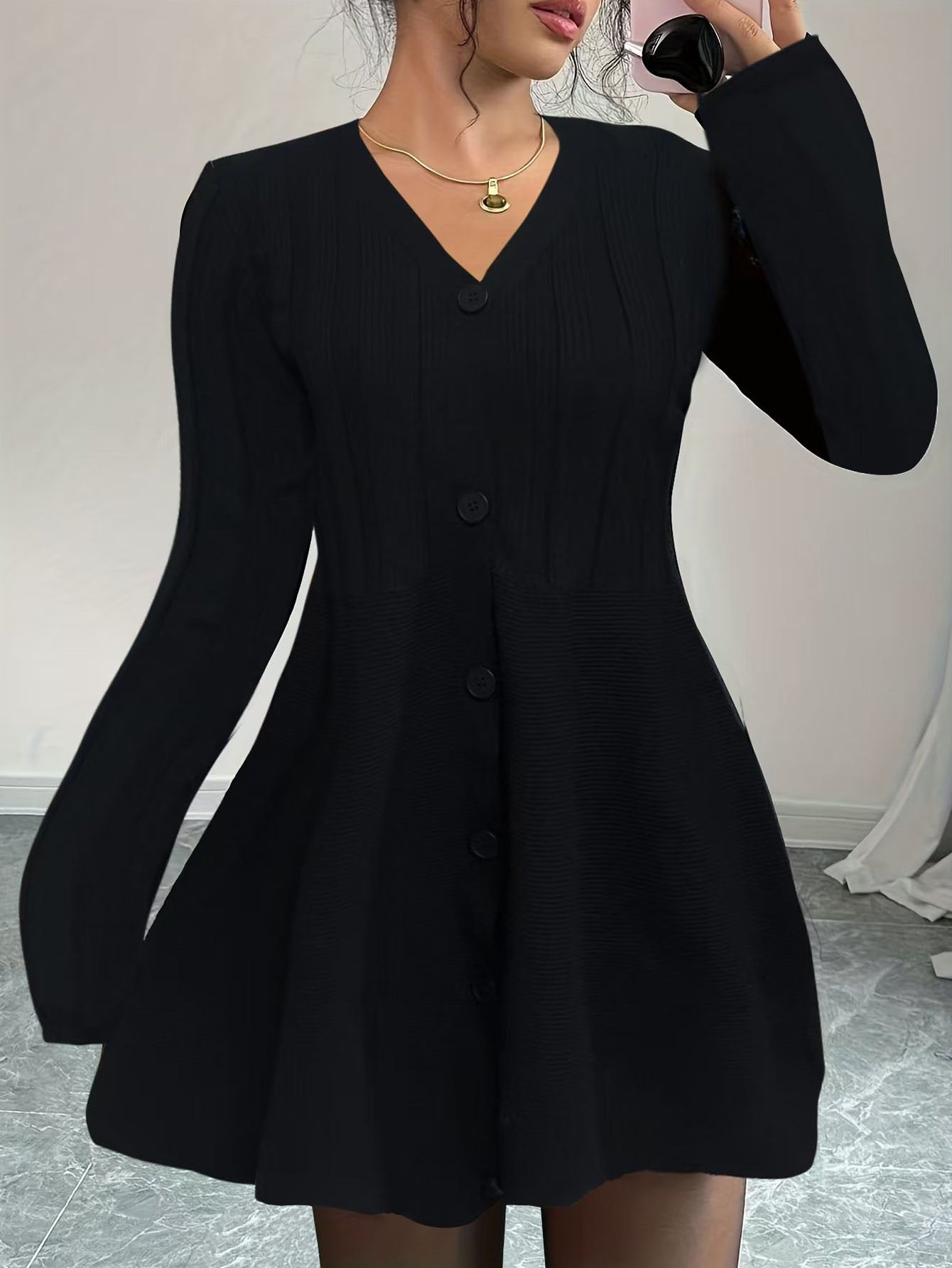 Black V-Neck Long Sleeve Button Knitted Dress Women - Mixbatch