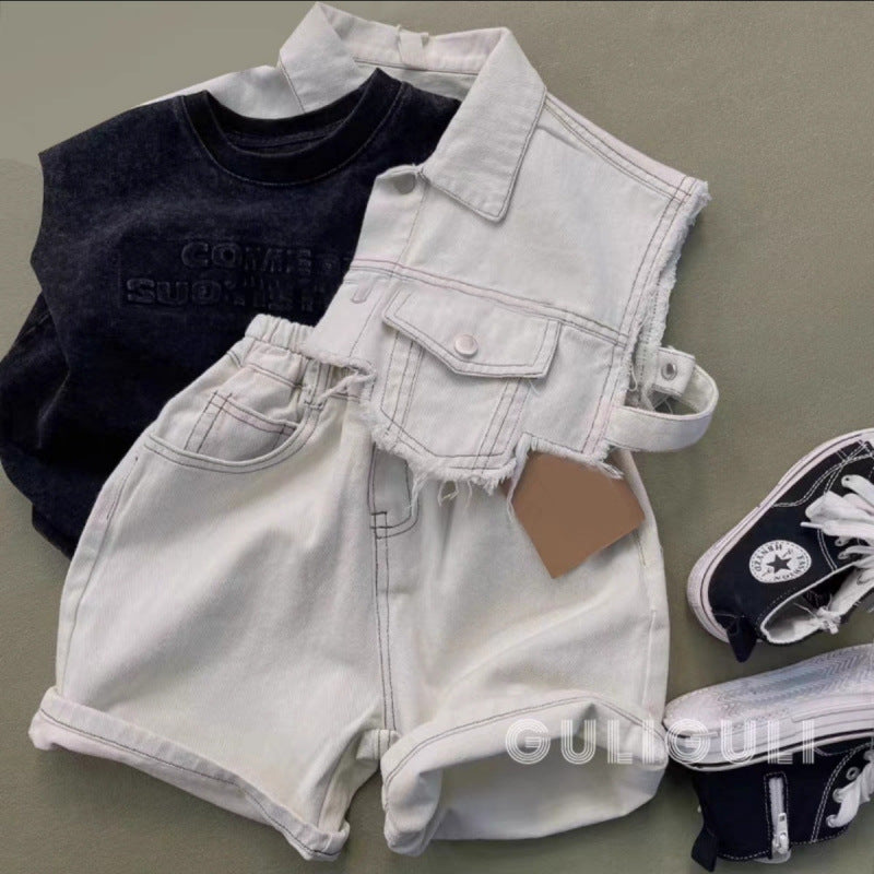A boys summer denim suit ruffian handsome fried street fashionable loose children's denim shirt thin shorts two-piece set / three-piece set