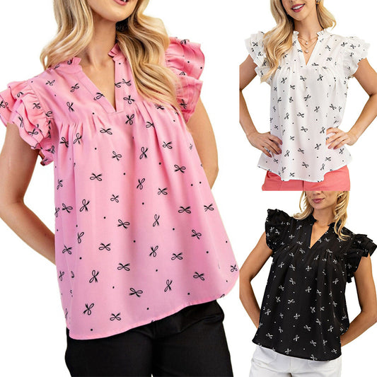 Europe, America, cross-border Amazon independent station 2025 summer new V-neck multi-layer lotus leaf sleeve sweet printed women's shirt - Mixbatch