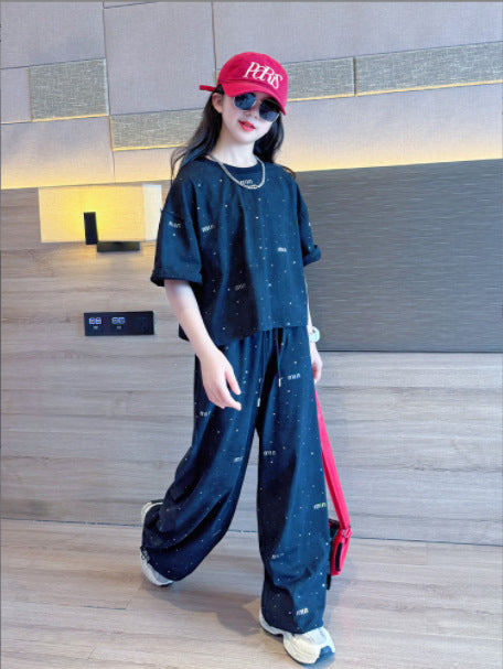 A girls' suit summer new middle-aged and older children's girls' summer wear short-sleeved t-shirt and trousers casual two-piece set foreign trade