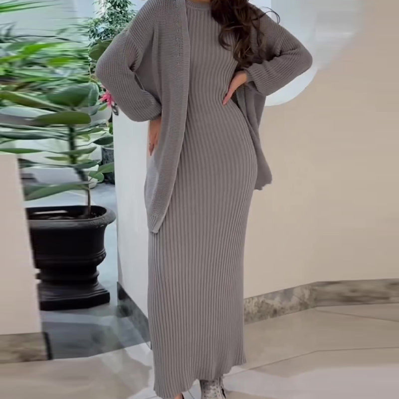 A knitted jacket skirt set with belt