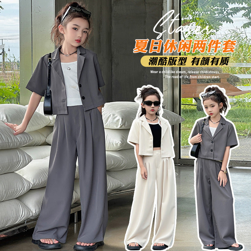 A summer new Korean version of medium and older children's thin cardigan short-sleeved suit high-waisted wide-leg pants
