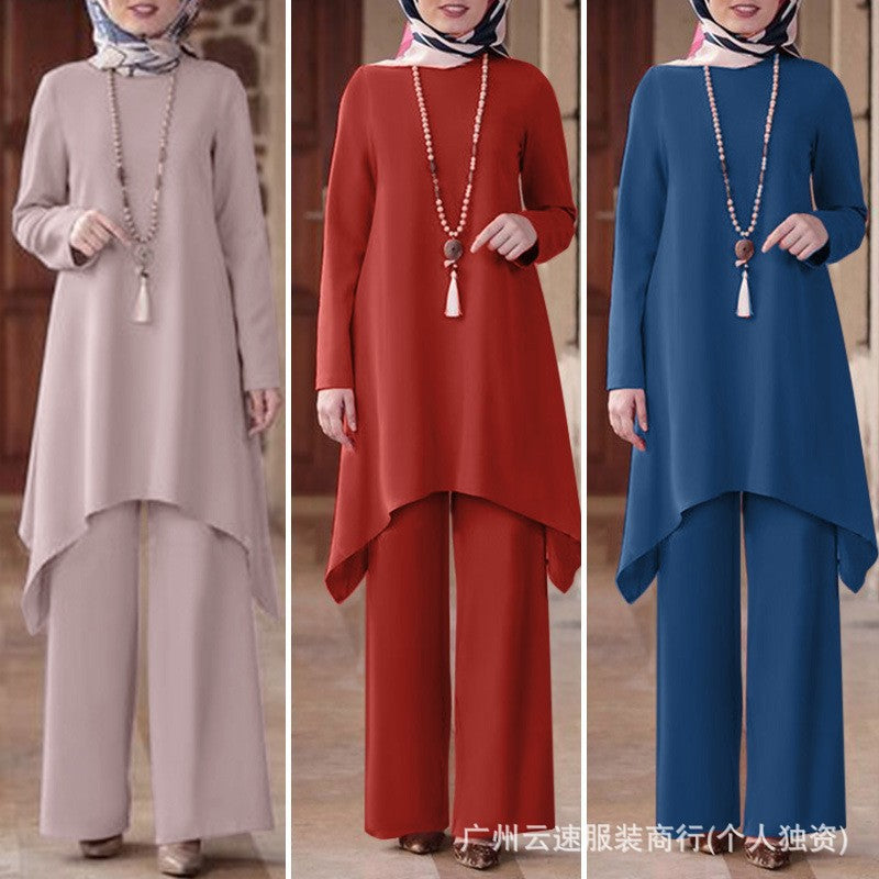 A Muslim women's clothing Middle East cross-border spring and autumn solid color round neck pullover skirt trousers fashion casual suit
