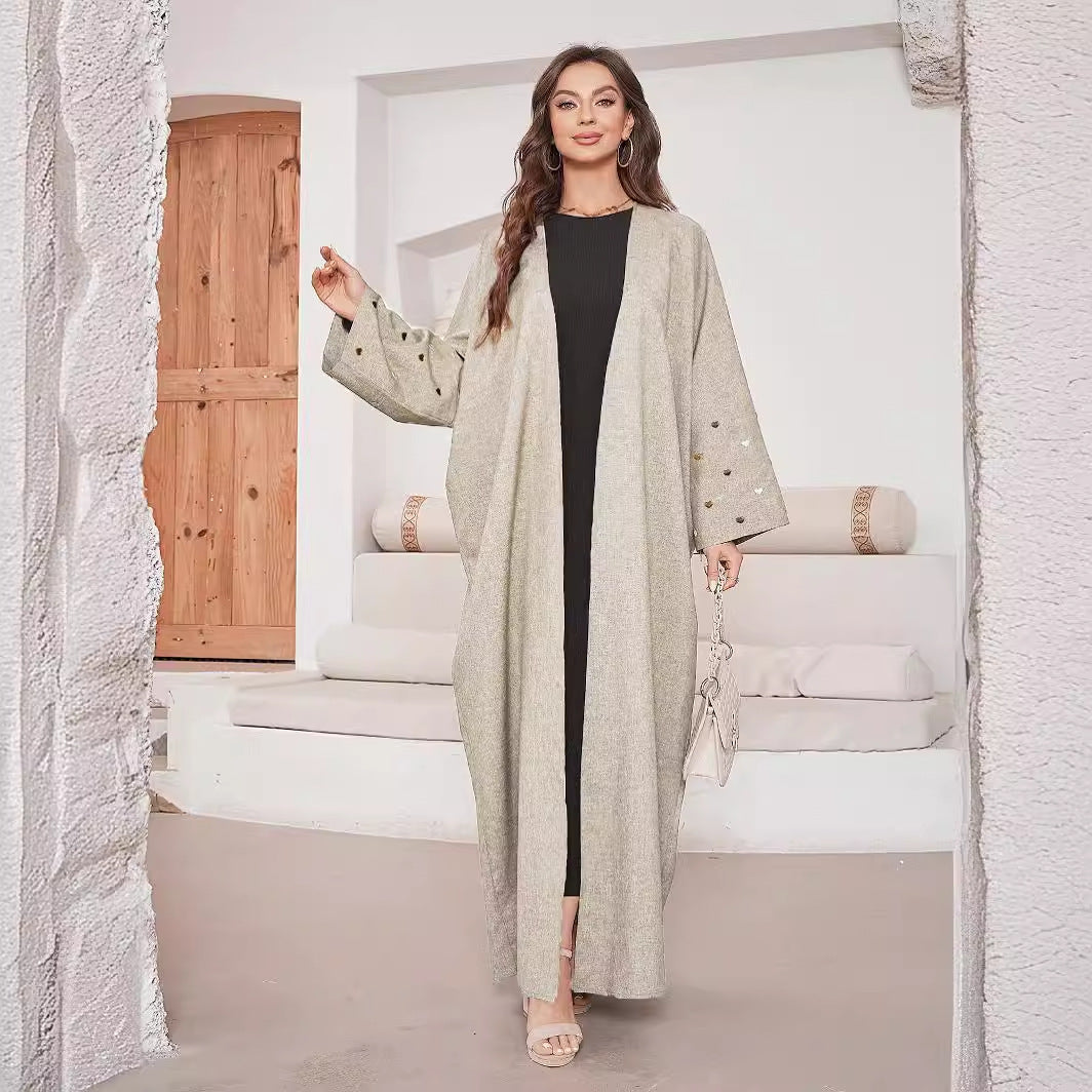 New heart-shaped embroidered Middle Eastern Muslim long dress fashionable and elegant cardigan imitation hemp two-color dress robe - Mixbatch