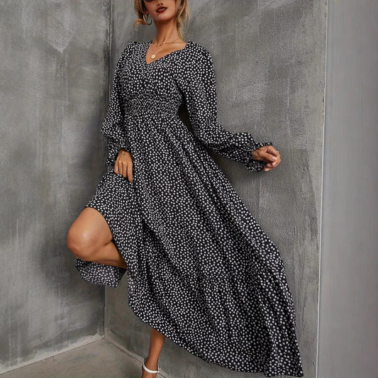 A long-sleeved V-neck dress