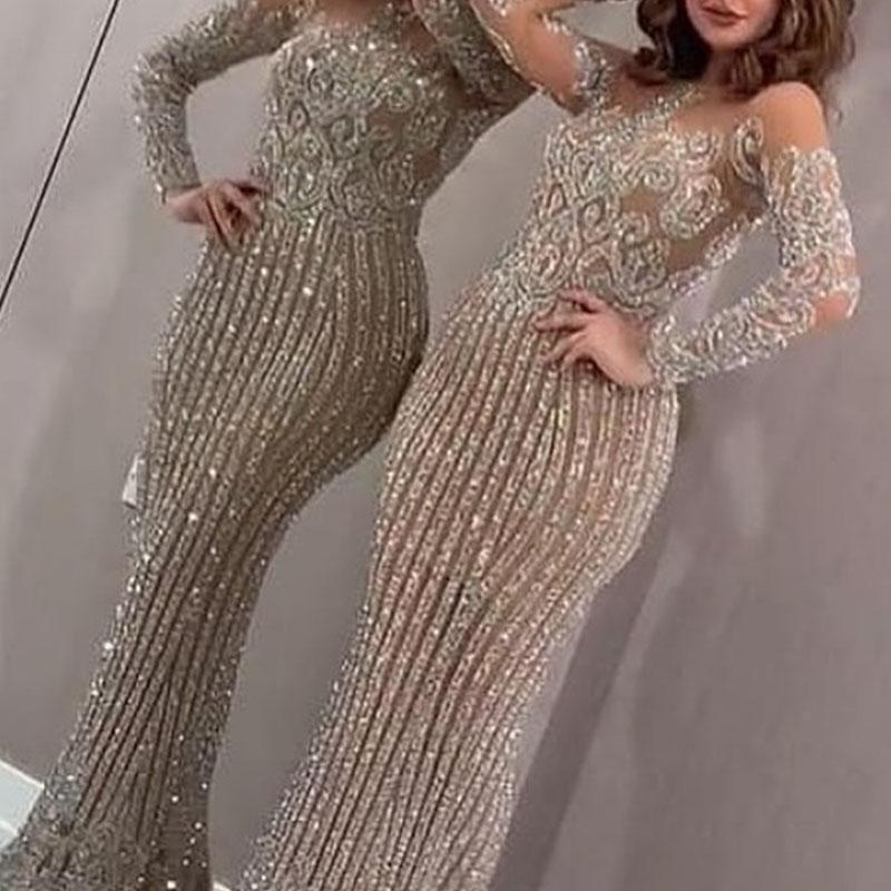 A spring and summer new long dress mid-waist temperament commuting sequins sprinkling gold slim-fitting gold slim-fitting dress