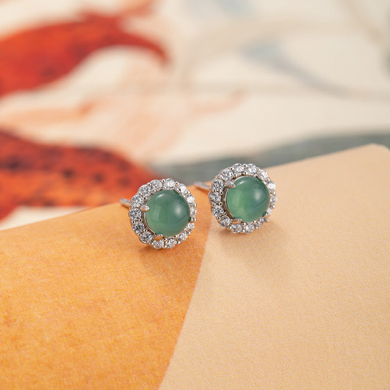 French retro sterling silver s925 stud earrings natural blue water jadeite dangerous material round bead gentle temperament daughter celebrity style