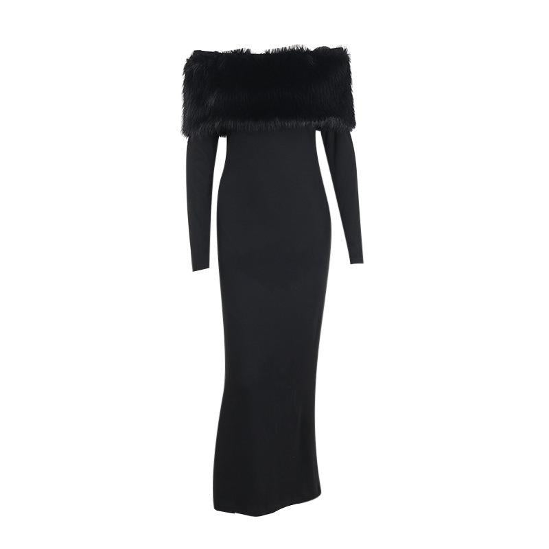 New long dress, fashionable style, elegant one-word shoulder fur collar slim dress - Mixbatch