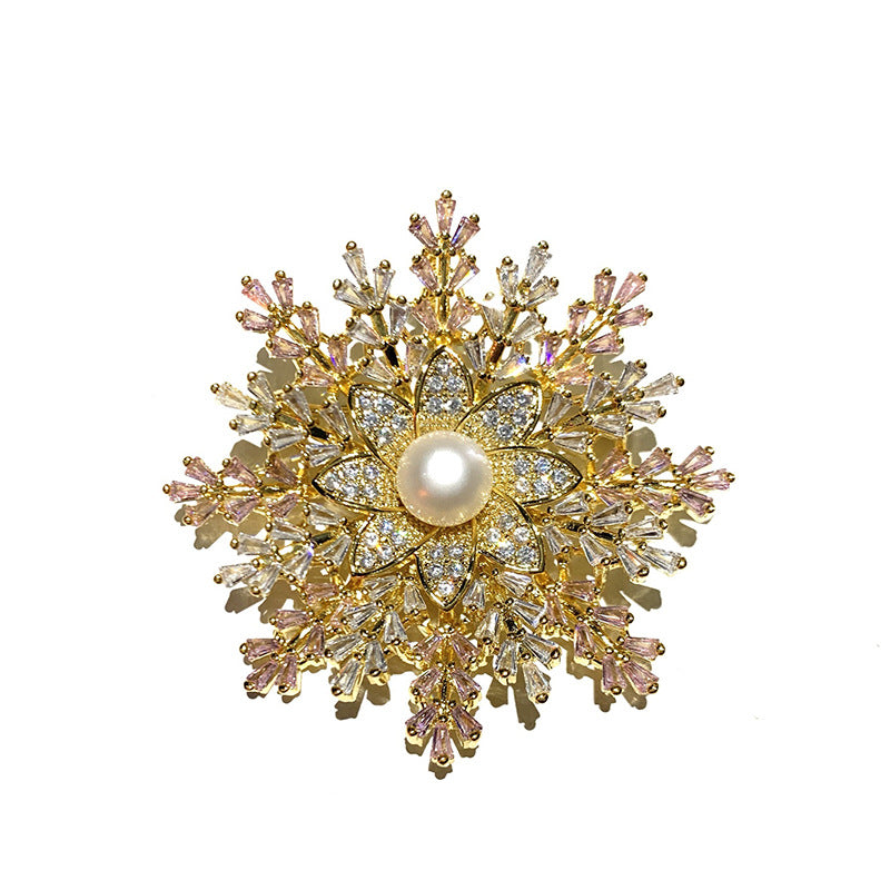 A European and American trend popular snowflake brooch, super flash zircon freshwater pearl brooch celebrity accessories - Mixbatch