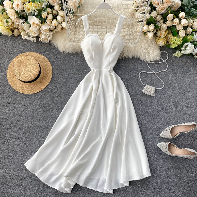 A backless solid color waist V-neck long dress women's dress