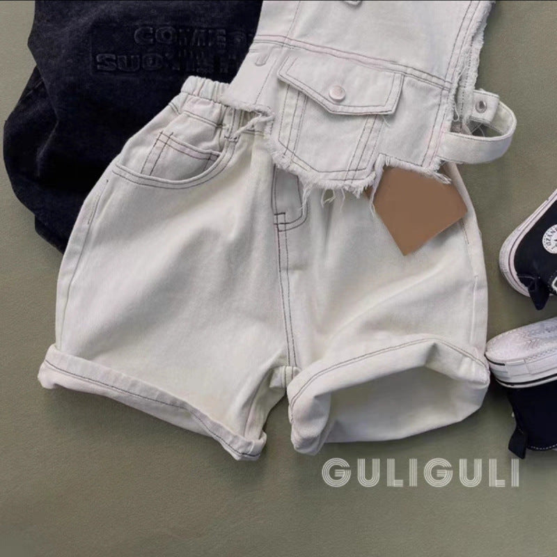 A boys summer denim suit ruffian handsome fried street fashionable loose children's denim shirt thin shorts two-piece set / three-piece set