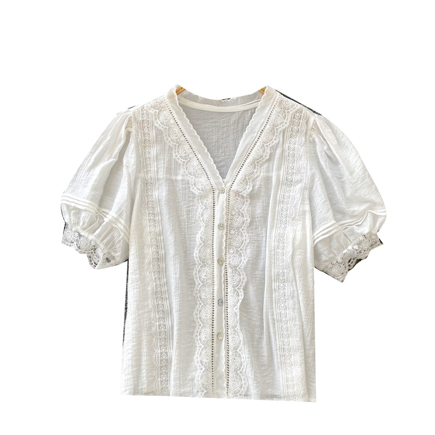 A Versatile Shirt Women's Summer Foreign Style Lace Splicing V-Neck Bubble Sleeve Cardigan Shirt Top