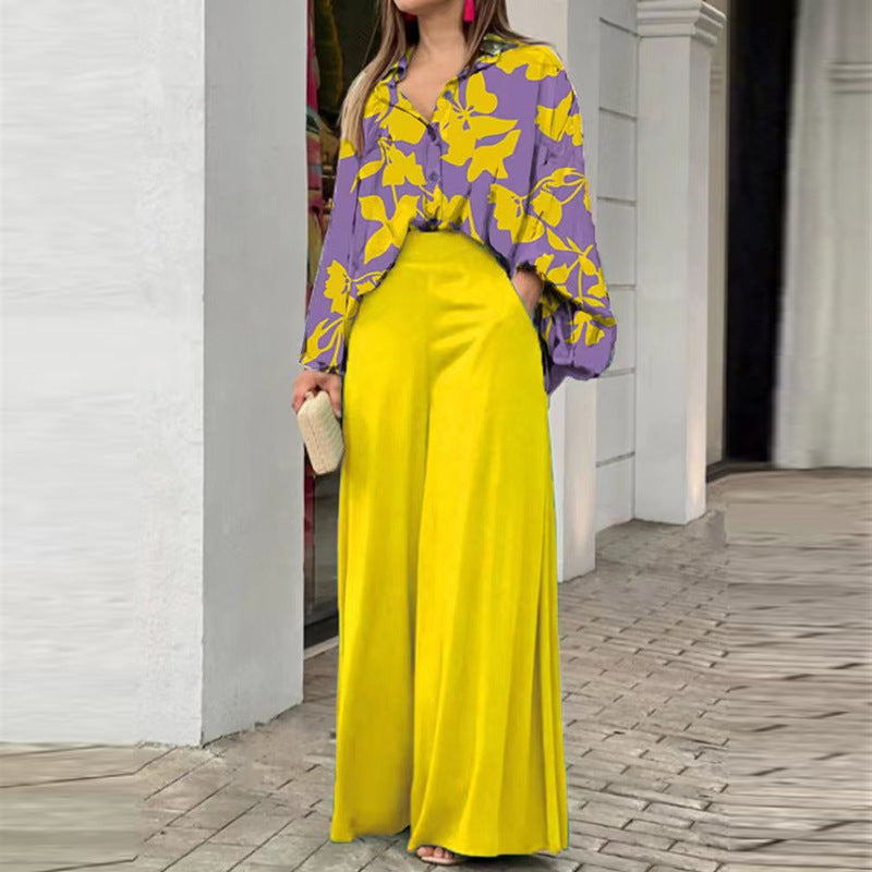 A printed shirt temperament elegant wide-leg pants fashion casual suit