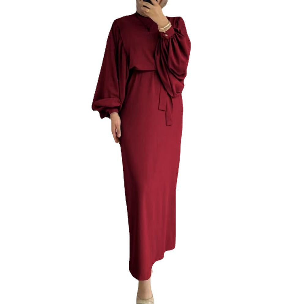 Muslim Women's Autumn and Winter South East Asia Fashion Lantern Sleeve Waist Hip Wrap Crew Neck Long Sleeve Women's Dress - Mixbatch