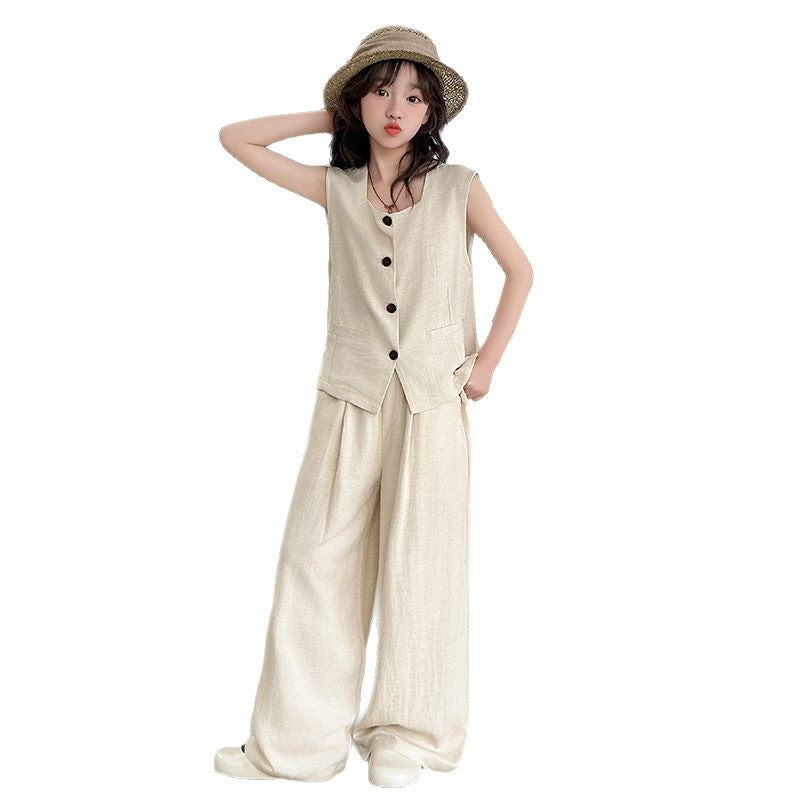 A summer new middle-aged and older children's suit vest wide-leg pants two-piece temperament casual and fashionable suit