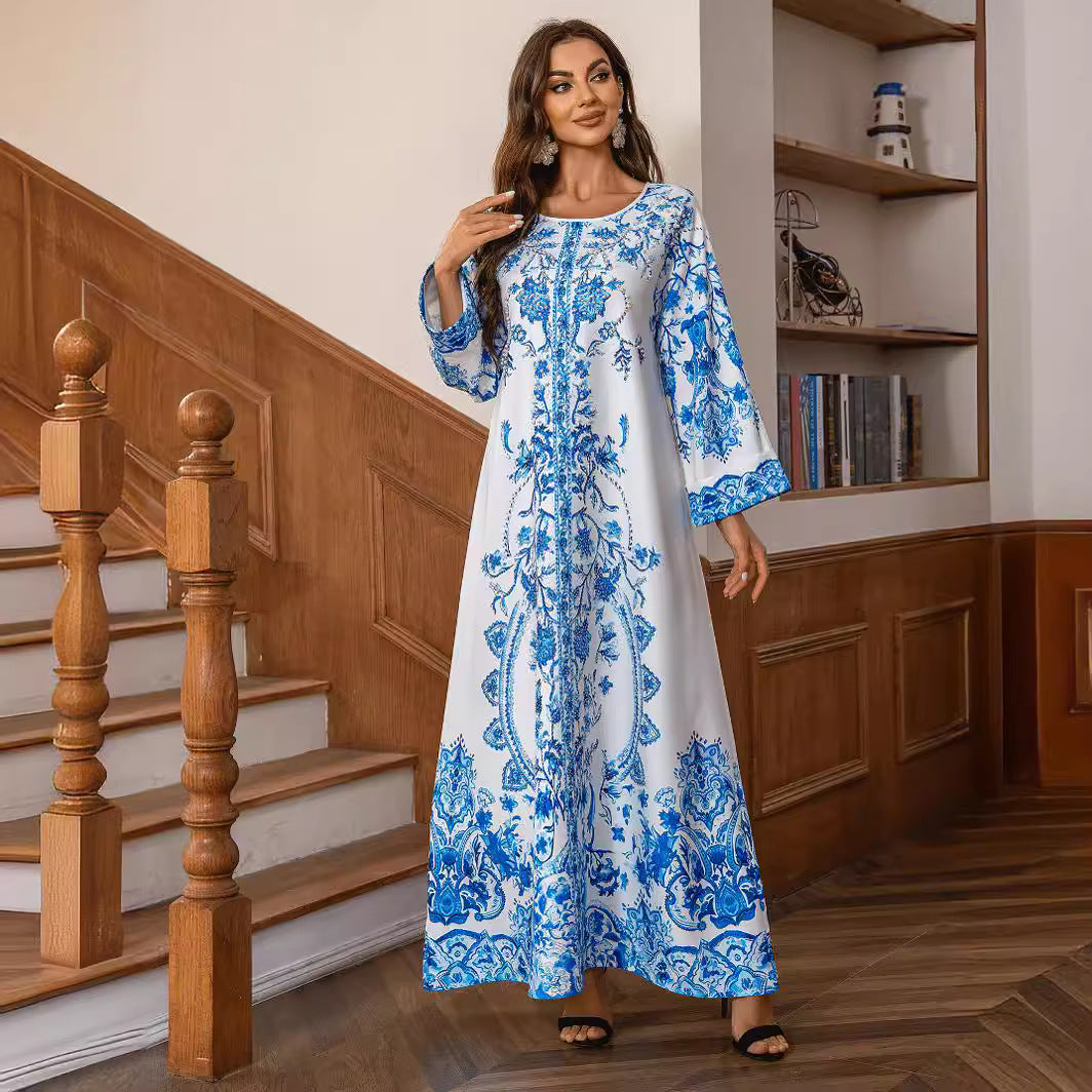 A ZD029 Middle Eastern Muslim Robe High Density Hot Diamond Bead Women's Blue and White Porcelain Elegant Crew Neck Dress Abaya