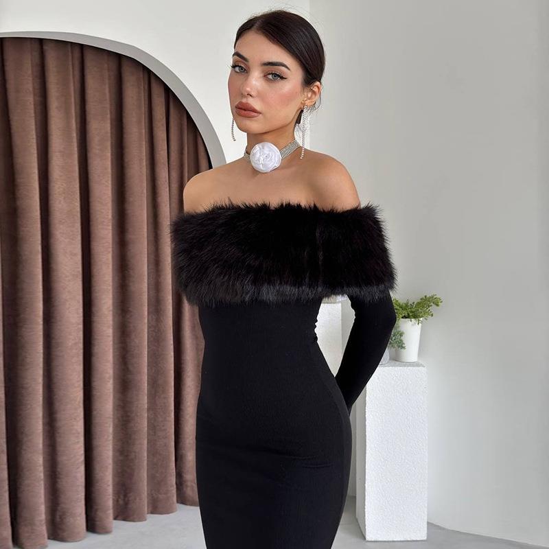 New long dress, fashionable style, elegant one-word shoulder fur collar slim dress - Mixbatch