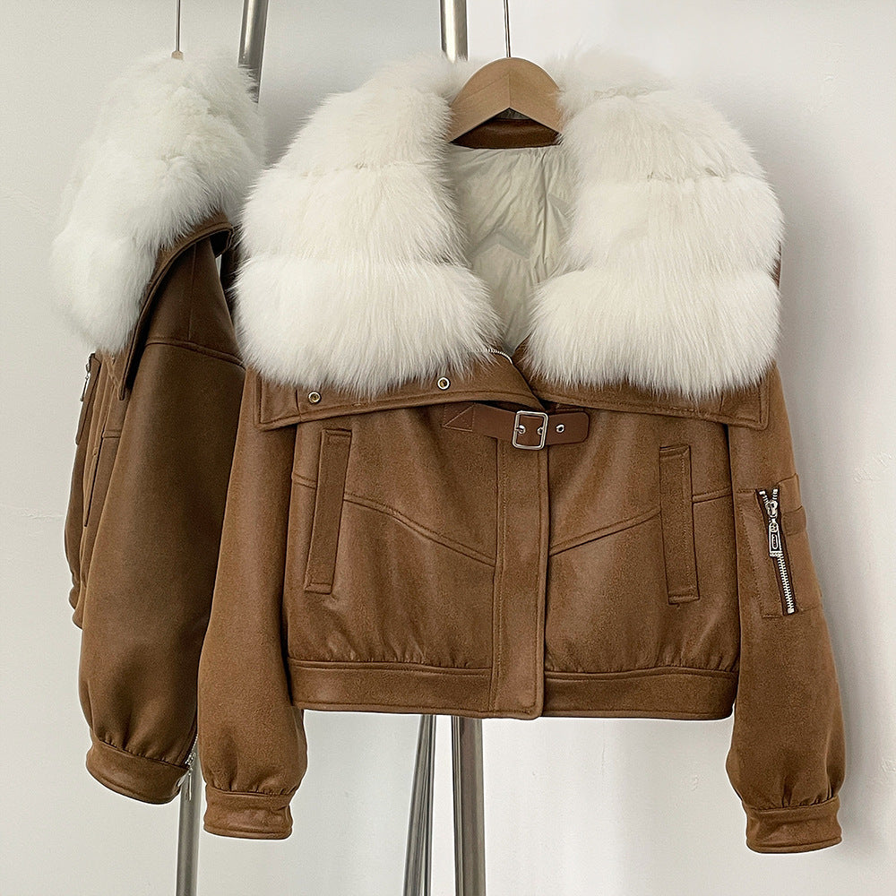 A winter new short real fox fur collar suede fur jacket female Korean version fur integrated down liner