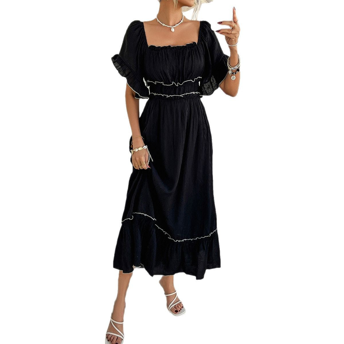Diyun Europe and the United States cross-border 2025 spring and summer bohemian leisure vacation contrasting colors two wear short-sleeved dresses women's clothing - Mixbatch