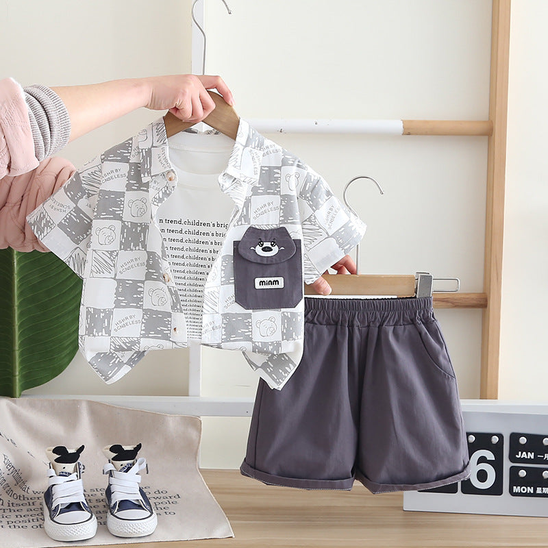 A summer new boys thin plaid pocket bear shirt short sleeve three-piece set baby summer clothes summer clothes