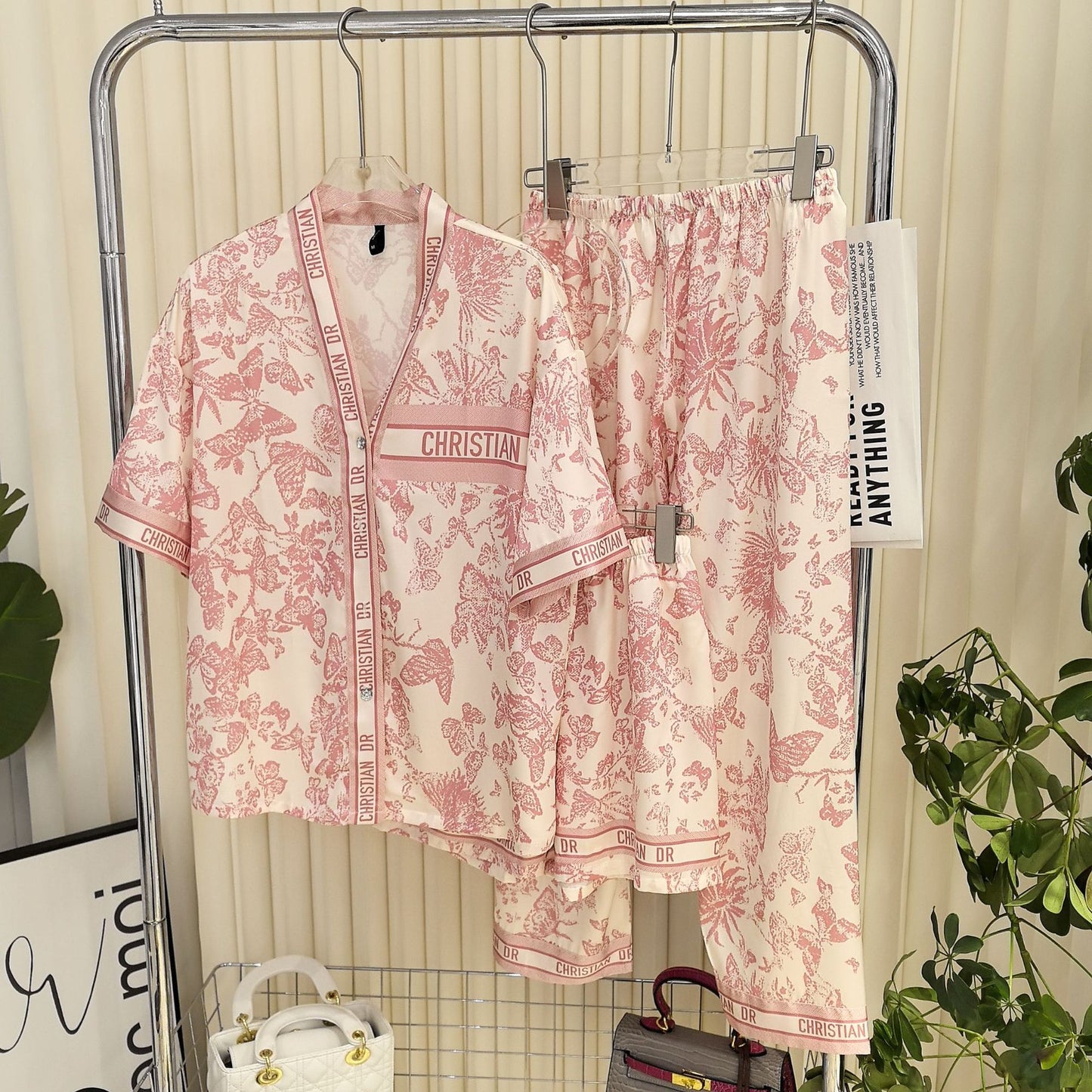 A butterfly three-piece pajamas spring and summer large size thin loose ice silk women's short-sleeved trousers set sweet and can be worn outside