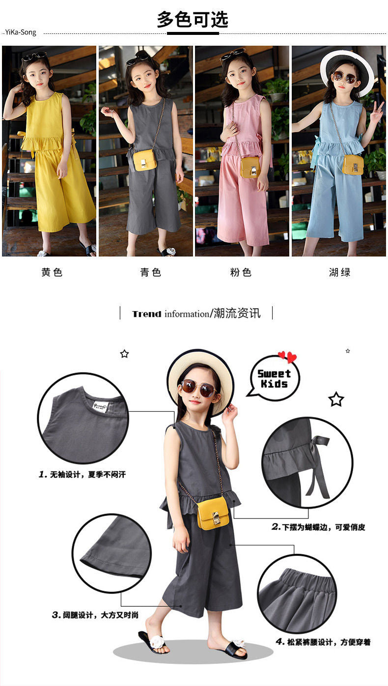 A {cotton%} girls summer cotton and linen set, new children's wide-leg pants two-piece set