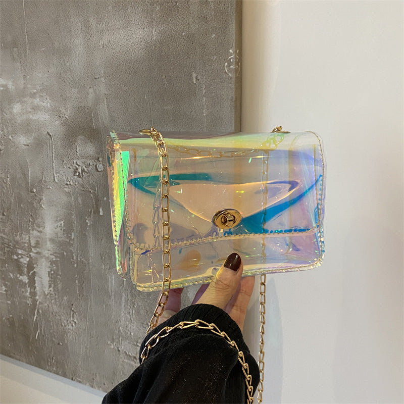 A new laser colorful small square bag chain small bag mobile phone bag change bag transparent bag shoulder messenger bag