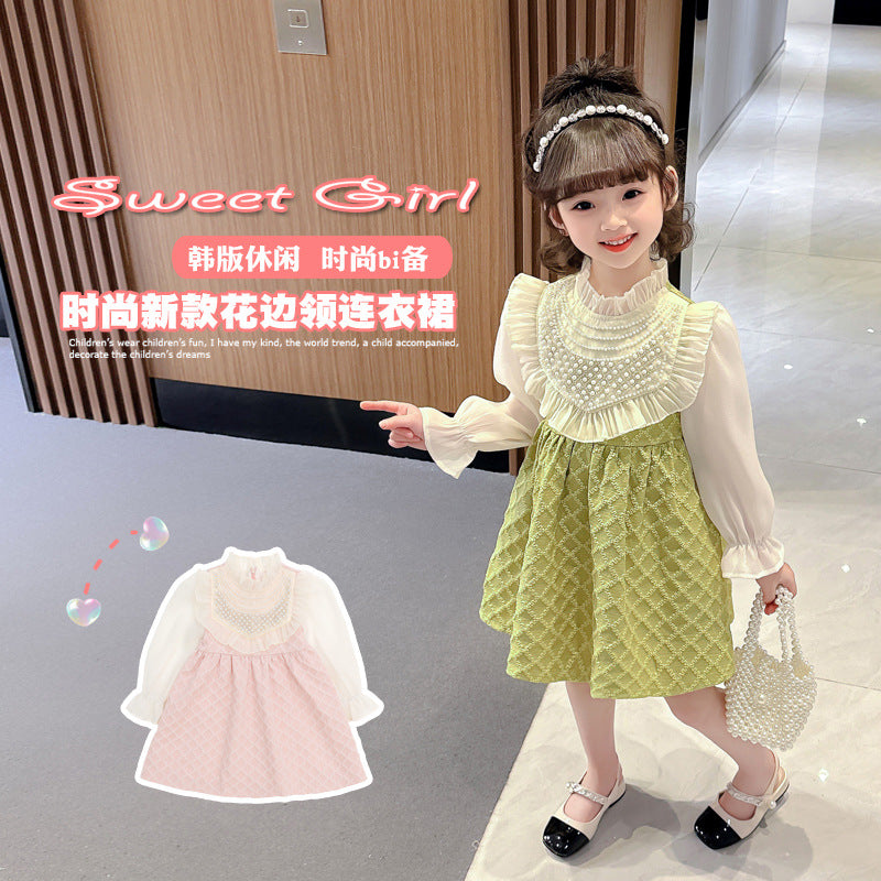 A girls lace pearl dress spring and autumn new girl baby foreign fashion princess dress small and medium children's clothing