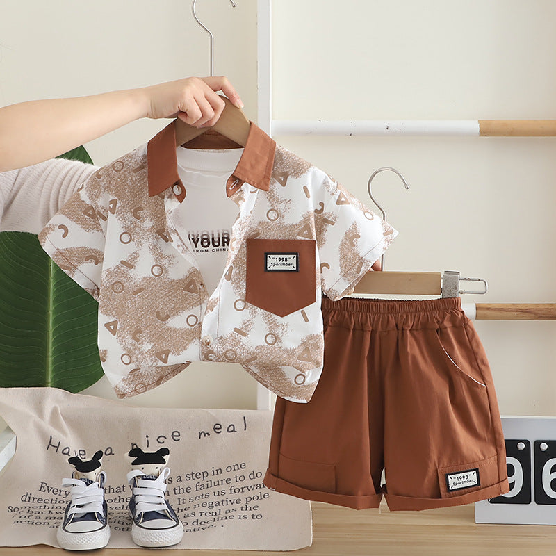 A Boys Summer Shirt Set New Children's Summer Boys Tie-dye Letter Short Sleeve Shirt Three-piece Set