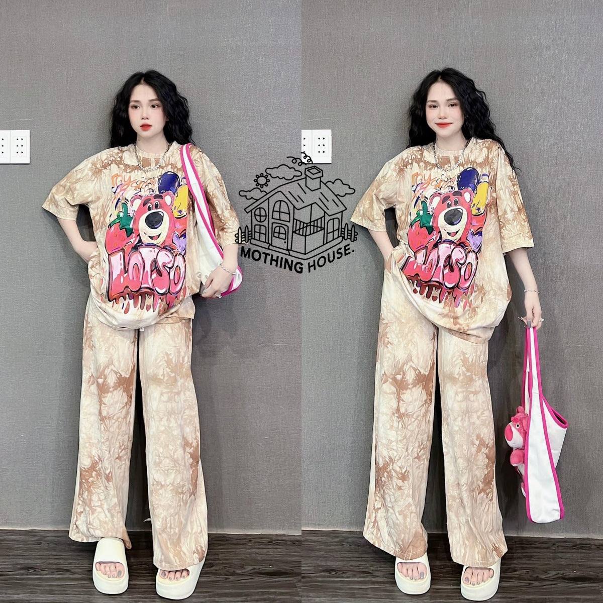 A tie-dye fashion suit women's summer loose cartoon print short-sleeved wide-leg pants casual two-piece set trendy