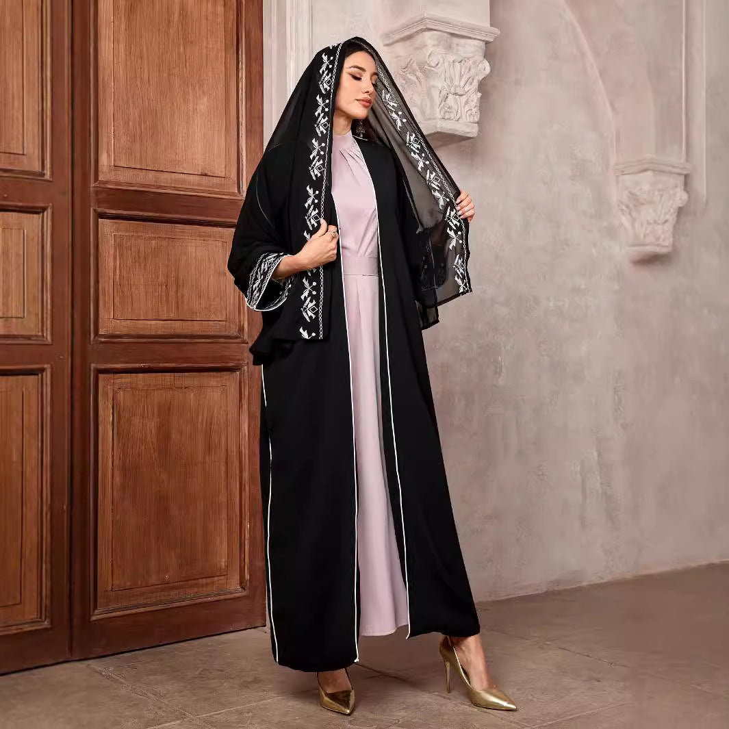New Embroidered Middle East Muslim Fashion Cardigan Arab Robe Bat Sleeve Embroidered Headscarf Black - Mixbatch