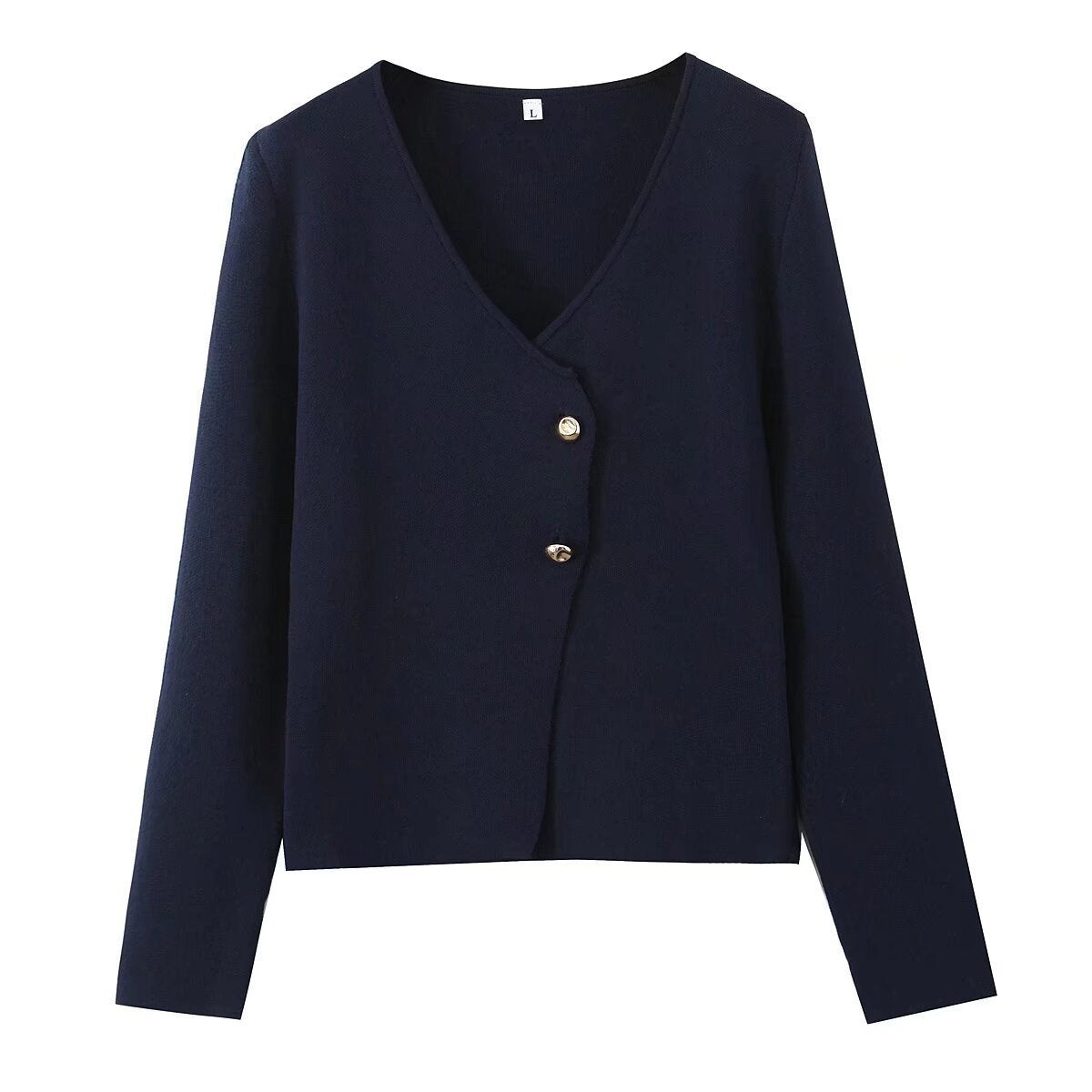 A button-down long-sleeved knit top