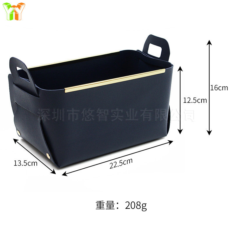 A leather sock storage basket