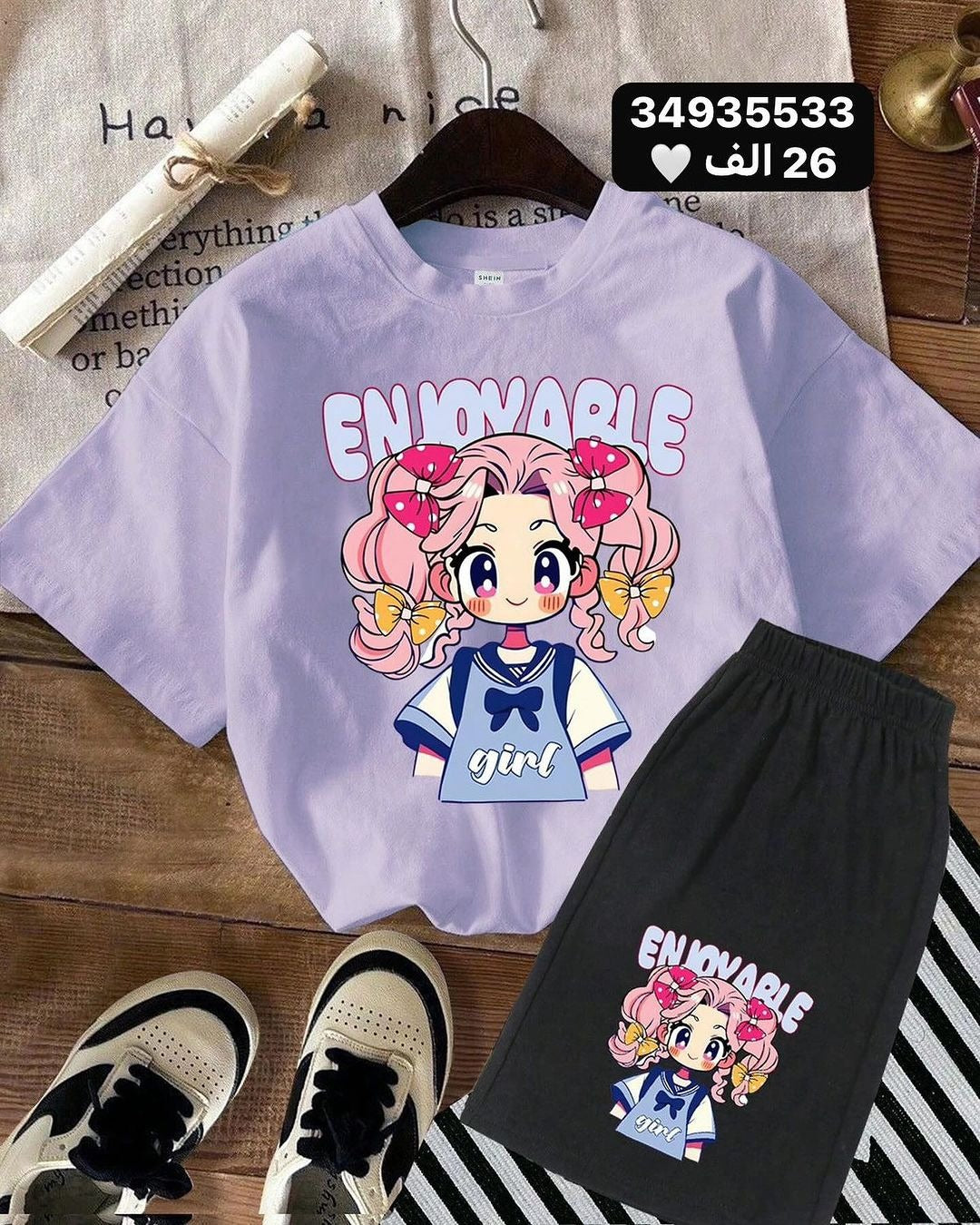 A Children's cute cartoon pattern printing set boys and girls short-sleeved T-shirt + shorts