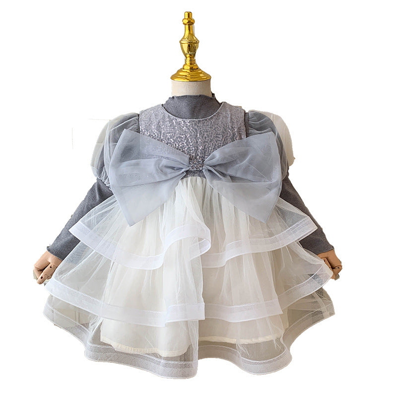 A new autumn sequined bow mesh gray tank top skirt cake skirt children's bubble sleeve bottoming shirt set