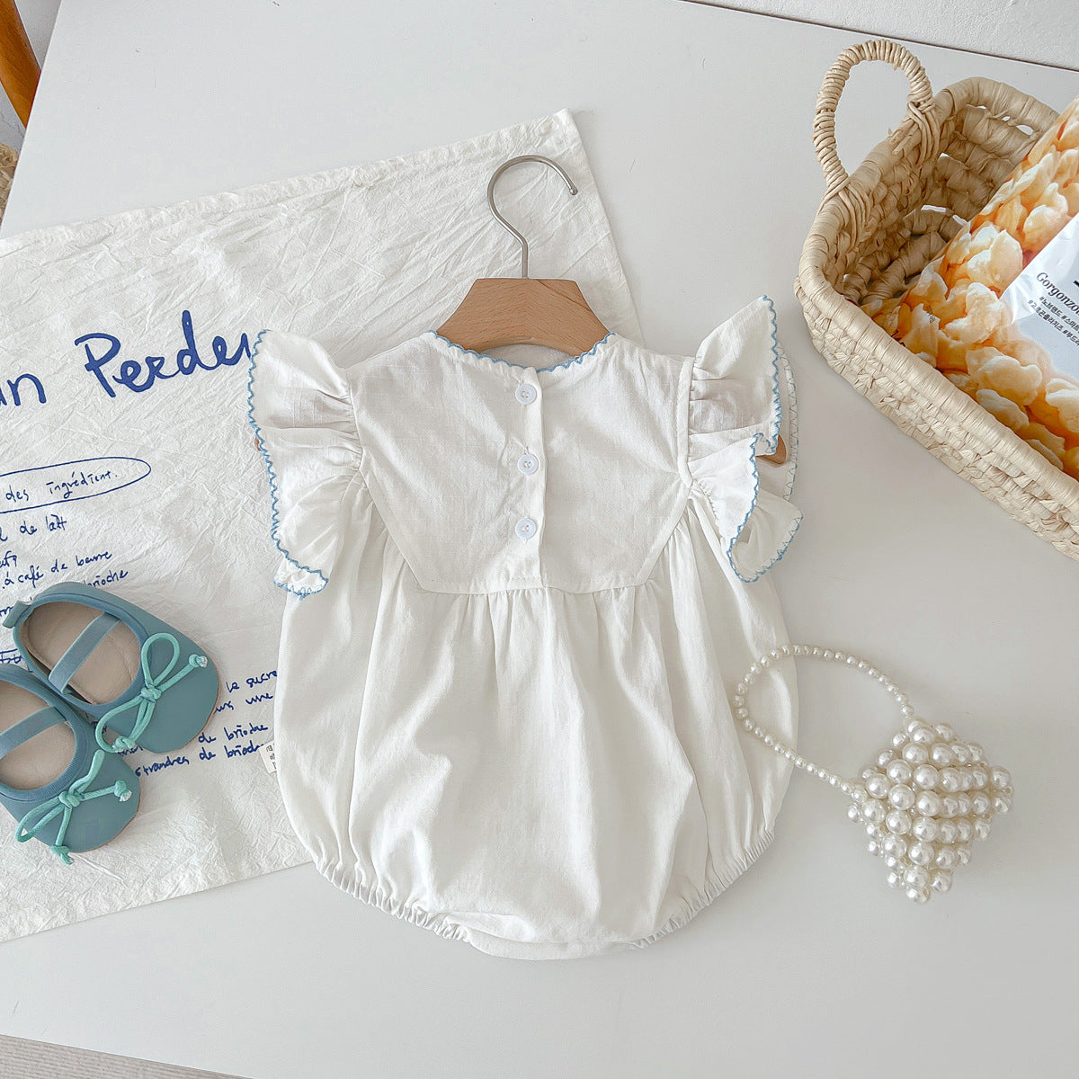 A baby summer new female treasure rabbit embroidery bag fart Ha clothes full moon 100 days clothes flying sleeves princess crawling clothes thin - Mixbatch