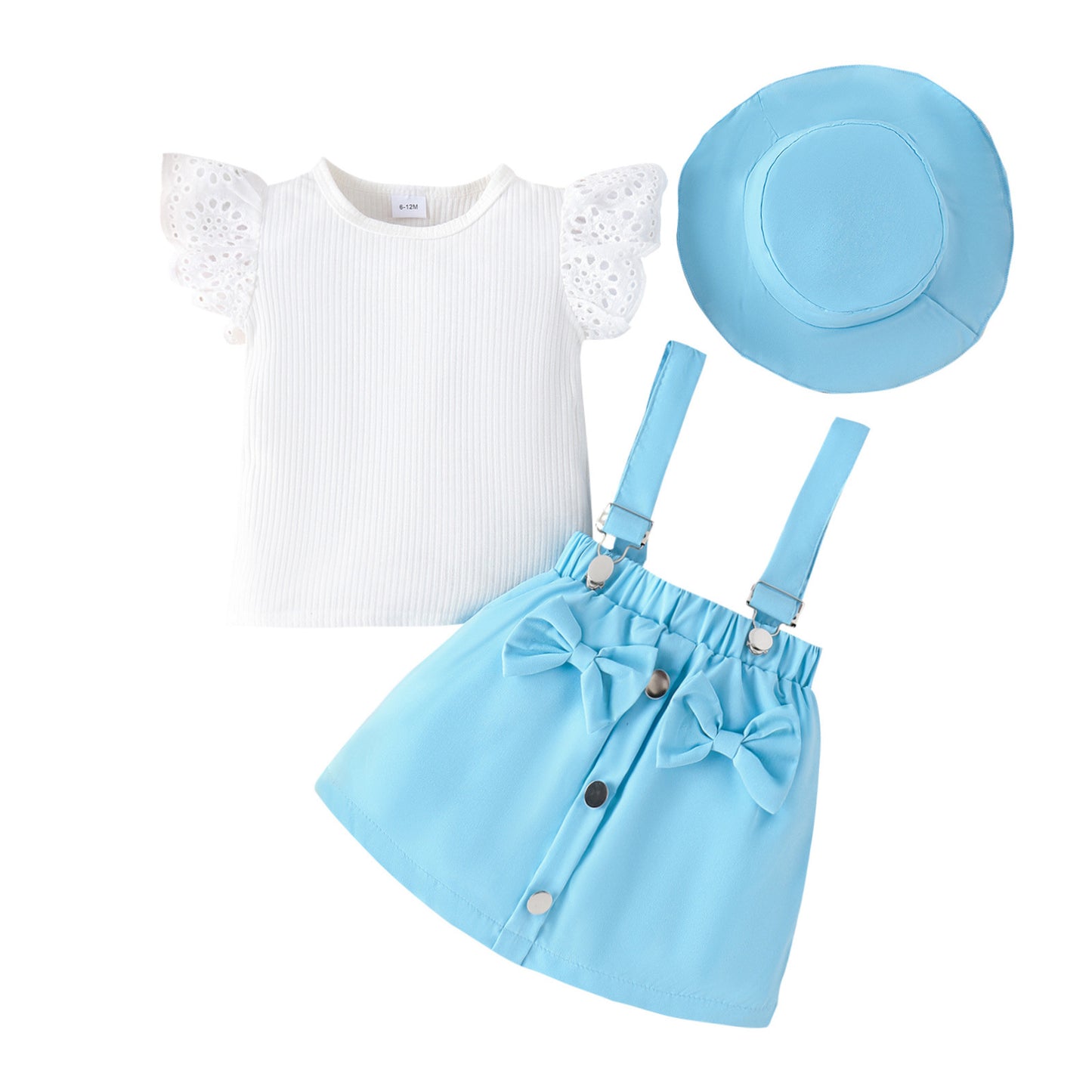 Amazon Spring/Summer New Children's Lace Flying Sleeves Top+Solid Color Strap Short Skirt+Hat Girls' Set - Mixbatch