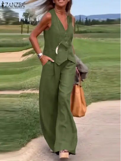 A new fashionable solid color suit vest trousers collage splicing casual two-piece set women