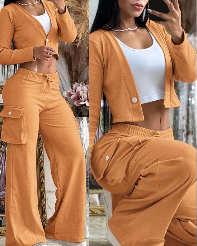 A Women's Casual Long Sleeve Solid Color Button Pocket Wide Leg Pants Set - Mixbatch
