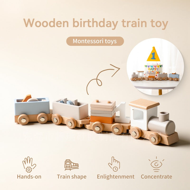 A wooden children's birthday train toy baby birthday milestone toy small train creative birthday photo ornament