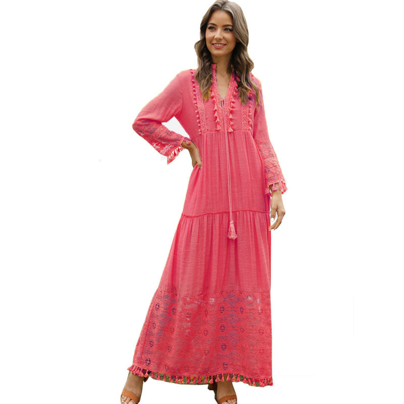 A European and American autumn and winter women's clothing lace splicing fringed bamboo cotton long-sleeved dress
