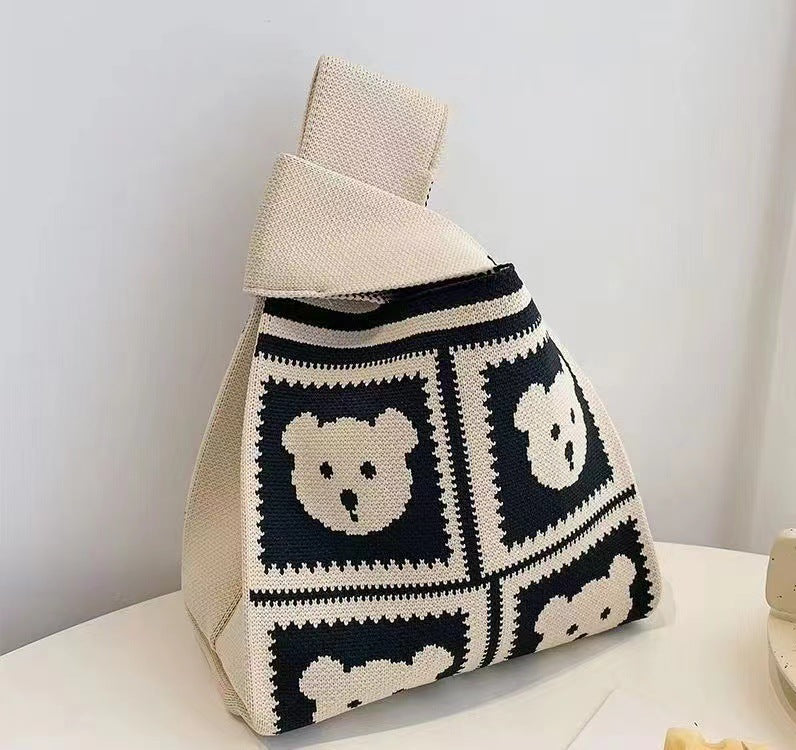 A Internet celebrity handbag women's knitted wool bucket bag Japanese and Korean version versatile hand carry casual tote bag box lunch bag y
