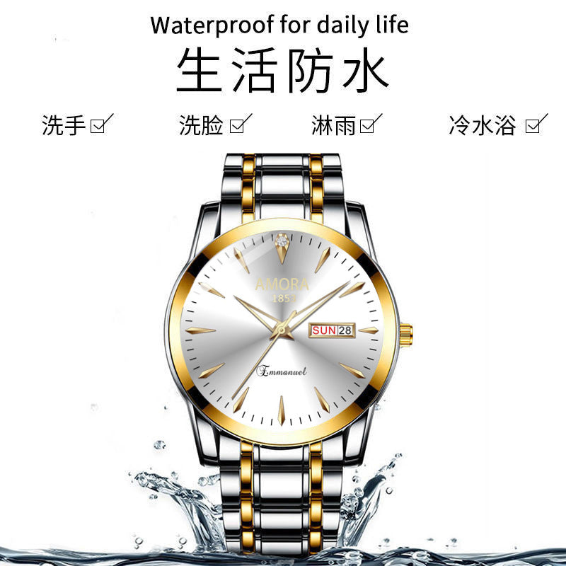 A new quartz watch men's double calendar automatic waterproof luminous business steel belt watch