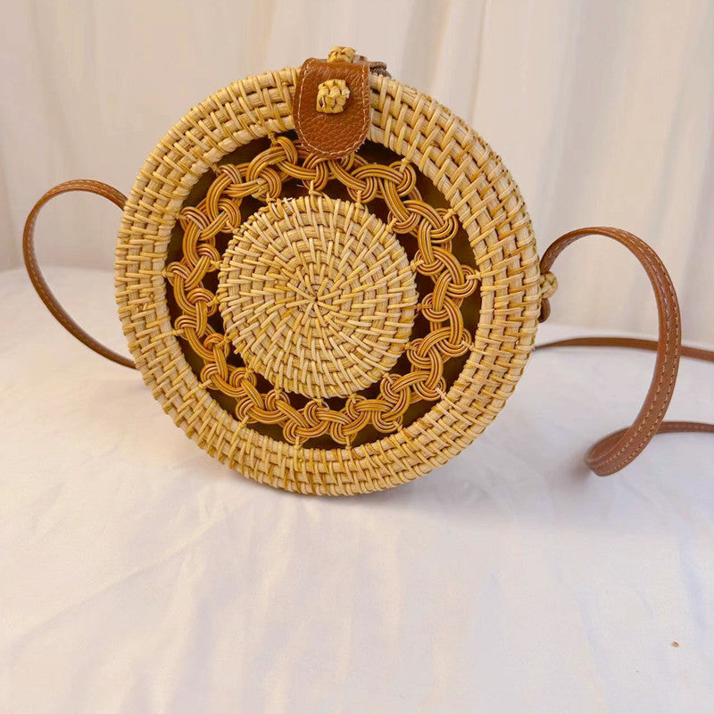 A rattan bag ins diagonal span mini bag Mori basket retro literary woven round bag vacation bucket bag leather buckle bag